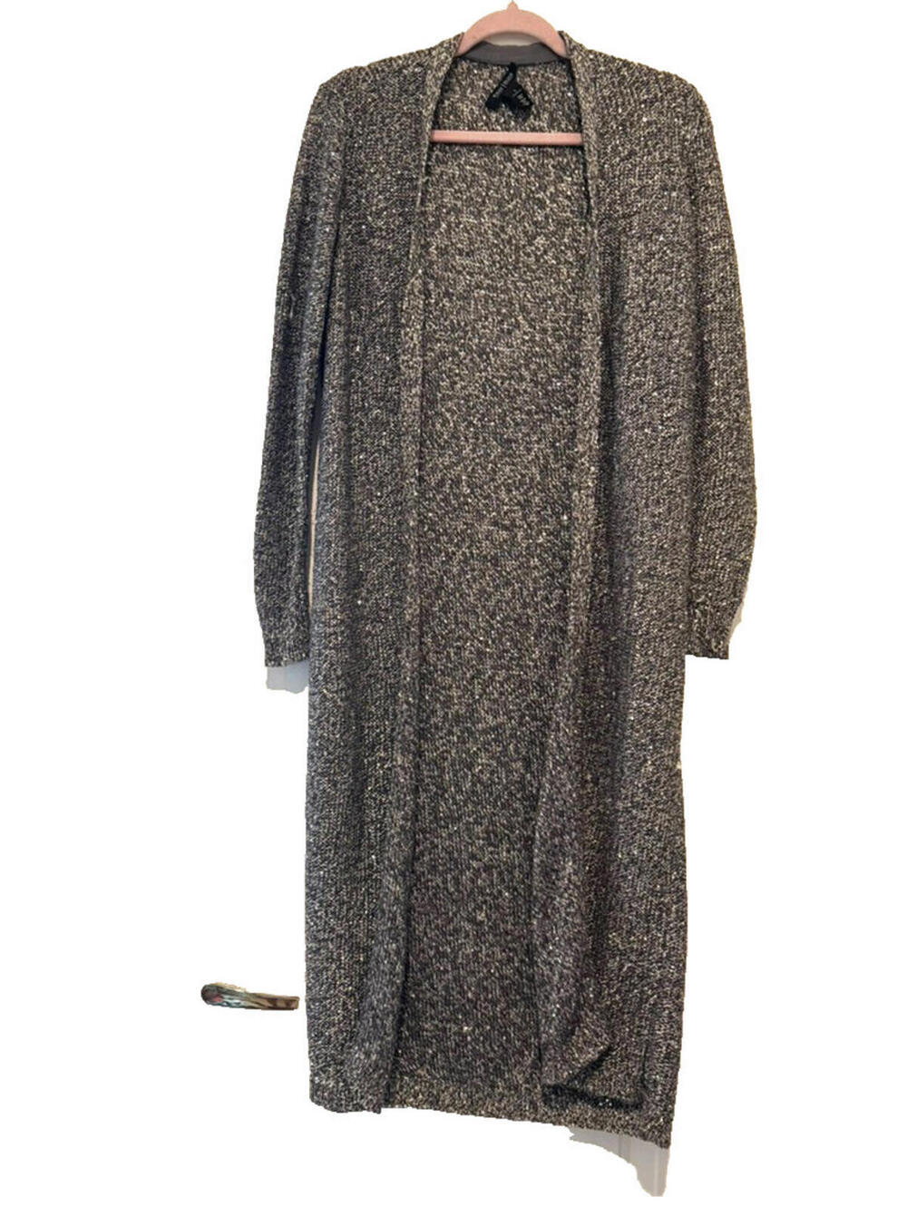 White House Black Market sz S long black &metallic open front cardigan sweater C